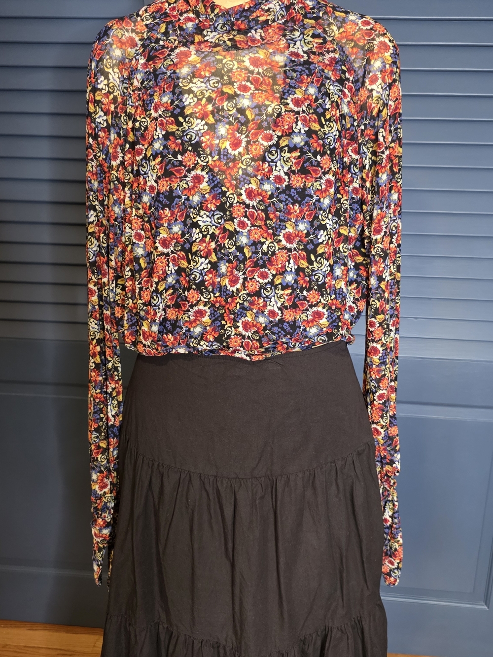 Free People Black Tiered Maxi Skirt with Floral Top Styling